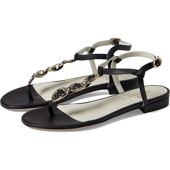 Bruno Magli NWOB Marina Leather Thong Sandal Black Size 37.5 US 7.5 Chain Strap - Picture 1 of 10